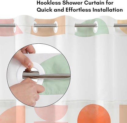 Americanflat 72x75 Hookless Shower Curtain - Water-Resistant Geometric Pastel Shower Curtain with Sheer Panel, Snap-in Liner, and Grommets - 100% Polyester - Peach, Green, Pink, Yellow & White