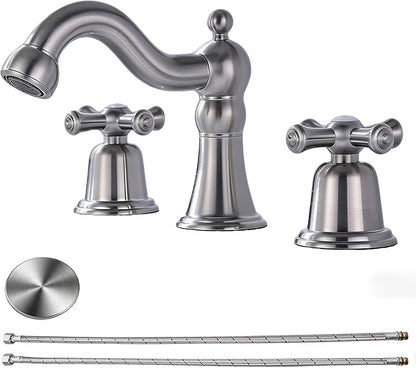 RKF Bathroom Faucets for Sink 3 Hole Brushed Nickel 8 inch Widespread Bathroom Sink Faucet with Drain 2 Handles Cross Knobs Faucet Bathroom Vanity Faucet Basin Mixer Tap CWF033-GBN