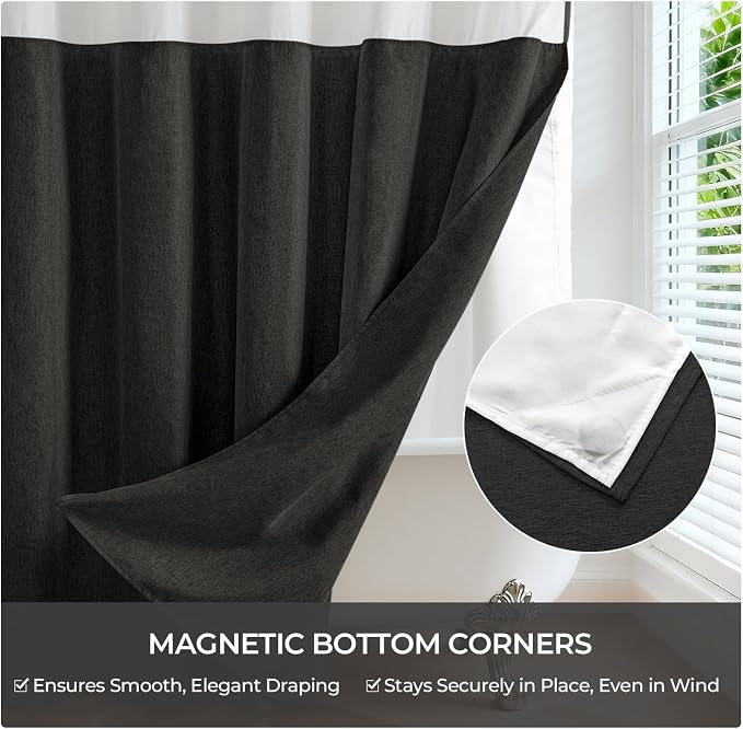 River Dream Linen Textured No Hooks Shower Curtain with Liner,Black,71x74 | Mesh Top Window,with Snap-in Liner,Heavy Duty Fabric,Quick Dry,Bottom Magnets,Water-Repellent,Washable,Farmhouse Bathroom Set