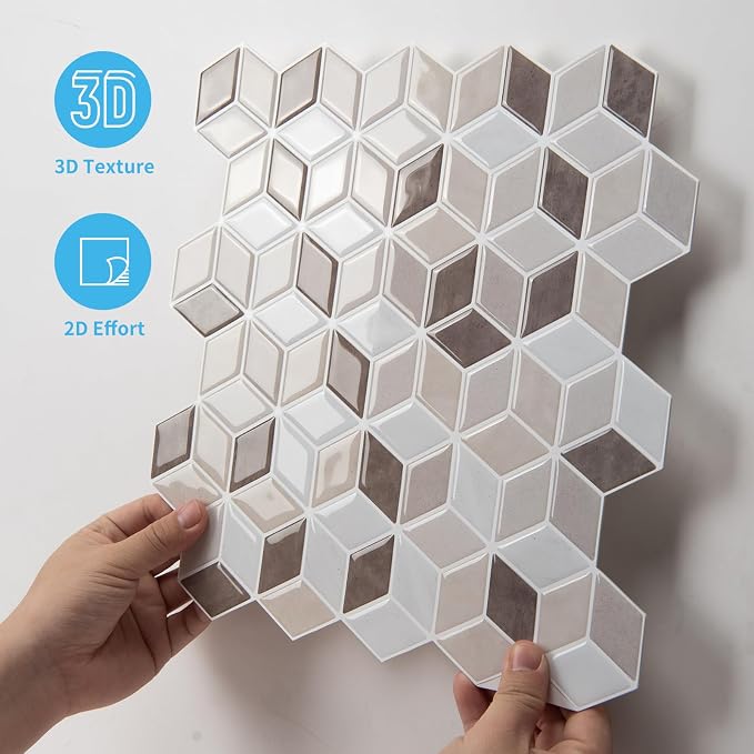 Art3d Peel and Stick Backsplash, 3D Hexagon Wall Tile, 10-Pack, Light Brown | 12 x 12 Inch, Enhanced Thickness, Water Resistant, Easy to Clean, Modern Cube Pattern, for Accent Walls, Furniture Revamps