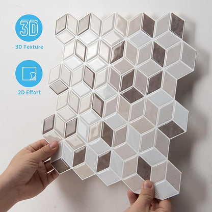 Art3d Peel and Stick Backsplash, 3D Hexagon Wall Tile, 10-Pack, Light Brown | 12 x 12 Inch, Enhanced Thickness, Water Resistant, Easy to Clean, Modern Cube Pattern, for Accent Walls, Furniture Revamps
