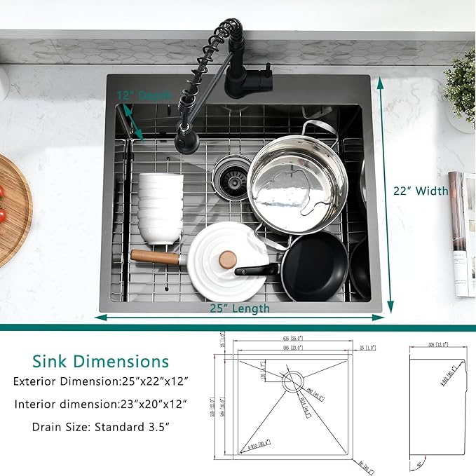 Black Drop In Laundry Sink with Faucet Combo, 25"x22"x12" Utility Sink Drop In Stainless Steel Laundry Sink 16 Gauge 12" Deep Single Bowl Kitchen Sinks