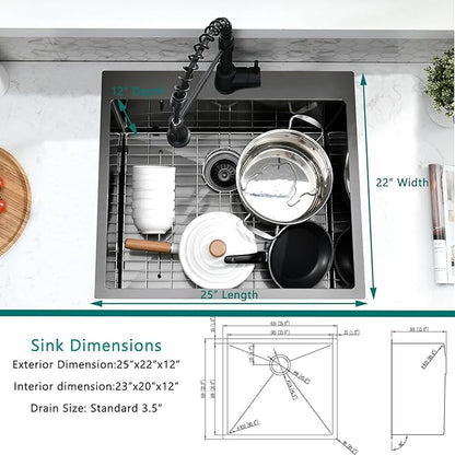 Black Drop In Laundry Sink with Faucet Combo, 25"x22"x12" Utility Sink Drop In Stainless Steel Laundry Sink 16 Gauge 12" Deep Single Bowl Kitchen Sinks