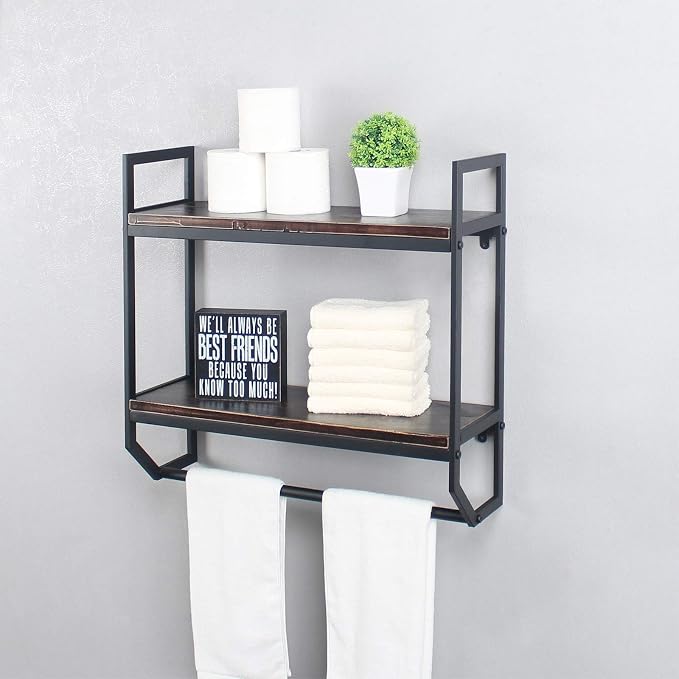 2-Tier Metal Industrial 23.6" Bathroom Shelves Wall Mounted,Rustic Wall Shelf Over Toilet,Towel Rack with Towel Bar,Utility Storage Shelf Rack, Floating Shelves Towel Holder,Retro Black