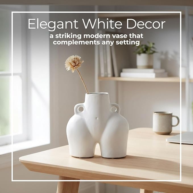 Decorative Half Body Ceramic Vase for Living Room Decor and Home Accents - Perfect for House and Table Decor Displays - Modern Flower Vase for Room, Bedroom, or Office Decor - 8", White