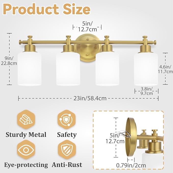 4-Light Brushed Gold Bathroom Vanity Light, Modern Vanity Lights, 23 Inch | 23'' Vanity Light Over Mirror with White Glass Shades, E26 Base Bathroom Wall Light Fixtures for Bathroom Hallway Living Room