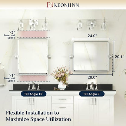Keonjinn 20x24 Inch Brushed Nickel Povit Mirror for Bathroom, Tilt Mirror | Tenmpered Glass, Rectangle, Adjustable Bathroom Mirrors for Over Sink, Farmhouse, Metal Framed, Horizontal/Vertical