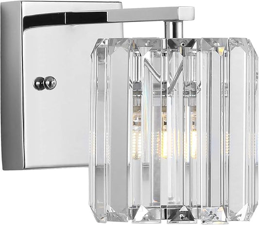 JONATHAN Y 4.75" Chrome 1-Light Vintage Glam LED Vanity Light Wall Sconce Fixture with Clear Crystal Prism Shade, Hardwired Wall Lamp for Bathroom Mirror Hallway, LED Bulb Included JYL3552A