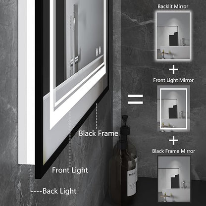LED Bathroom Mirror with Front and Backlit 24"x36", Black Frame, Wall Mounted, Dual LED Strips, Fogless, Dimmable, 3 Color Changing, Shatterproof, Horizontal/Vertical