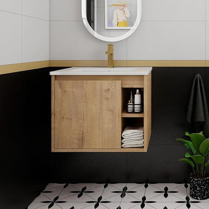 24 Inch Bathroom Vanity with Sink, Imitative Oak Modern Wall Mount Floating Vanity Set with Soft-Closing Door and Ceramic Basin, Contemporary Styling for Elegant Bathrooms