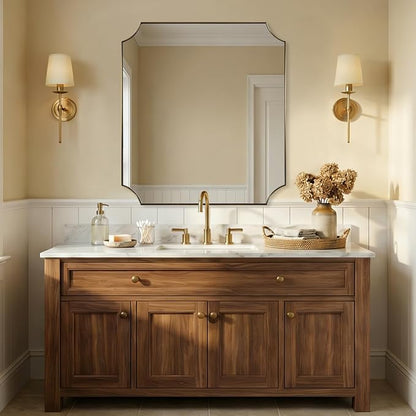 36"x40" Large Bathroom Mirror, Brushed Gold Vanity Mirror, Scalloped Rectangle Mirror in Anti-Rust Stainless Steel Thin Frame, Aesthetic Scalloped Corner Design, Ideal for Home Remodel