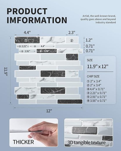 Art3d 12 x 12 in Peel and Stick Backsplash, Vinyl Wall Tile, 10-Pack, Grey | Thickened Design, Waterproof, Self Adhesive, Easy to Install, No Residue, for Kitchen, Bedroom, Ideal for Recently Moved