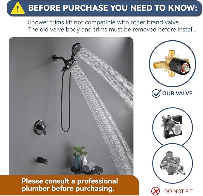 Shower Faucet Set with Tub Spout Tub and Shower Faucet Set Complete Dual Shower Head and Handheld Combo 2 in 1 Shower System with Tub Spout Tub and Shower Trim Kit Matte Black L829-7