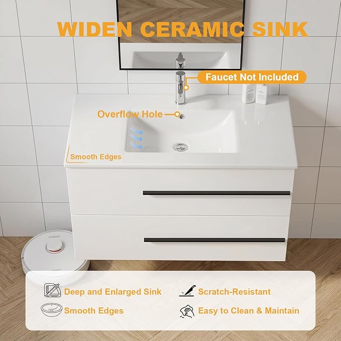 84 Inch Floating Double Sink Bathroom Vanity, Modern Bathroom Vanity with Double Sink, Wall Mounted Bathroom Vanity Cabinet with Large Storage Drawers,Open Storage Shelf, White