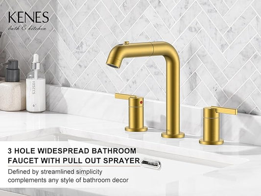 KENES Brushed Gold Pull Down Bathroom Faucet, 8 Inch 2 Handle Widespread Bathroom Faucet 3 Hole with Pull Out Sprayer, Bathroom Sink Faucet with Pop Up Drain & Supply Lines LJ-9058A-4