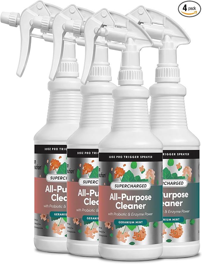 Clean Revolution SuperCharged All Purpose Cleaner Refill with Smart Probiotic + Enzyme Complex, Multi-Surface Kitchen Bathroom & Floor Cleaner, Geranium Mint, 32 Fl Oz (Pack of 4)