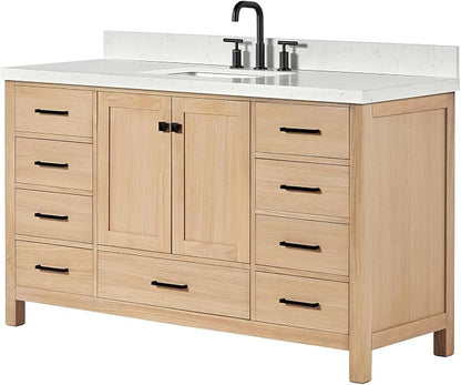 ARIEL Cambridge 60-inch Bathroom Vanity with Sink,Solid Wood, 1.5-inch Carrara White Quartz Countertop, Single Rectangular Porcelain Sink, 2 Soft Closing Doors, 9 Dovetail Drawers, White Oak
