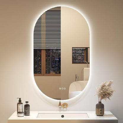 OKPAL Backlit Oval LED Bathroom Mirror with Lights, 40 x 24 Pill-Shaped Lighted Vanity Mirror for Wall, Anit-Fog, Dimmable, Memory, Tempered Glass, UL (Horizontal/Vertical)