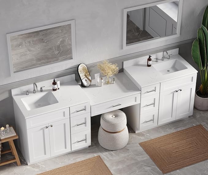DSR 102'' Double Bathroom Vanity Cabinet with Carrara Quartz Top White Shaker Style Dovetail Drawers Vanity Desk Solid Wood Plywood MDF (102'' with Seven Drawers)