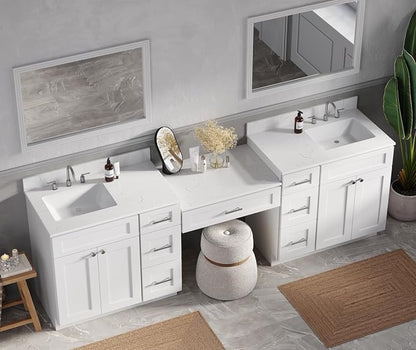 DSR 102'' Double Bathroom Vanity Cabinet with Carrara Quartz Top White Shaker Style Dovetail Drawers Vanity Desk Solid Wood Plywood MDF (102'' with Seven Drawers)