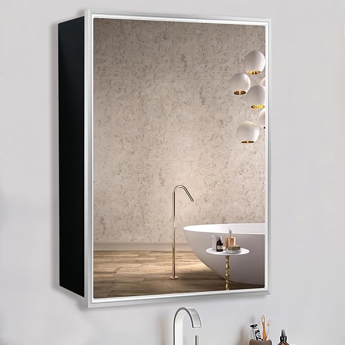24”x30” Medicine Cabinet with Aluminum Frame,Surface or Recessed Medicine Cabinet Mirror for Bathroom,Bathroom Mirror with Storage,Sliver
