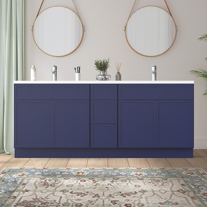HomeBeyond 90 Inches Bathroom Vanity Base Cabinet Without Sink, Double Sink Top Sturdy Floor Mounted Cabinet with Door & Soft Closing Drawers, Blue, VA4139-2+VA4112-3