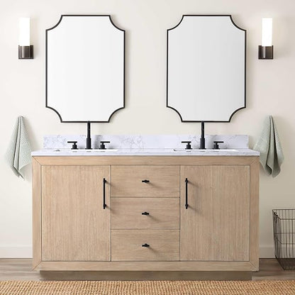 Vanity Art 60 inch Double Sink Bathroom Vanity, Vanity Cabinet with Doors and Shelf, Modern Wood Bathroom Vanity with White Marble Top, Solid Wood Frame, 3 Functioning Drawers, VA70-60-DLW-E