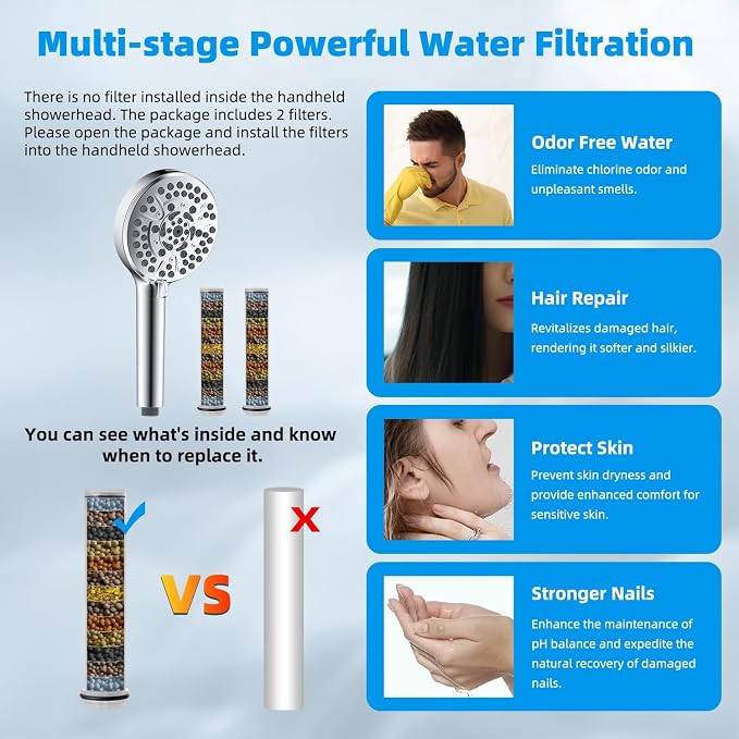 Hibbent 12" Dual Filtered Shower Head Combo, 10-spray Handheld, Chrome | All Metal High Pressure Rainfall Shower Head Combo with Filter, 16" Extension Arm, 3-way Diverter, 71" Hose & Shower Holder