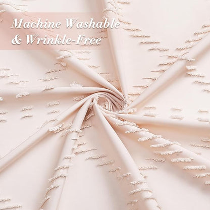 Light Pink Boho Fabric Shower Curtain with Tassel 72x78, Tufted Textured | Modern Farmhouse Curtain for Bathroom, Long Bathroom Curtain, Minimalist Decor, Waterproof