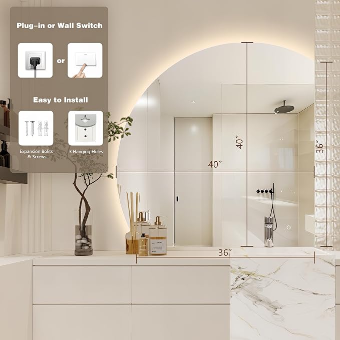 40" Half Moon LED Bathroom Mirror, Backlit Wall Mirror with Lights | Frameless Vanity Mirror with 3 Color Dimmable, Anti Fog, HD Shatter-Proof, IP65 Waterproof, Memory, CRI95+, Right/Left Cut