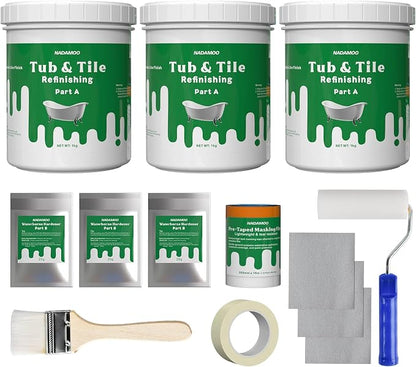 NADAMOO Tub and Tile Refinishing Kit (3kg / 105 oz, with tools, White), DIY Bathtub Sink Countertop Paint Resurface Kit for Bathroom Kitchen Porcelain Fiberglass, Semi-gloss