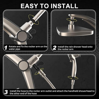 12-Inch High Pressure Rain Shower Head with Handheld Spray Combo, Magnetic | Dual shower heads; one-piece bracket adjusts height and angle; 9 settings: 8 sprays + 1 Power Jet for cleaning; easy install