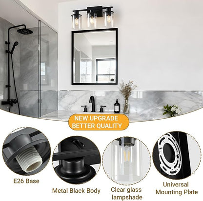 LOUSACE 3-Light Bathroom Light Fixtures, 17.3" Black Modern Vanity Lights with Clear Glass Shade, Bathroom Wall Lamp for Mirror Living Room Hallway Cabinet Porch, E26 Base
