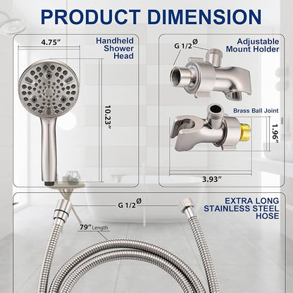 High Pressure 10-Setting Handheld Shower Head, 5" Detachable Shower Spray, 79" Extra Long Stainless Steel Hose, Adjustable Bracket - Brushed Nickel