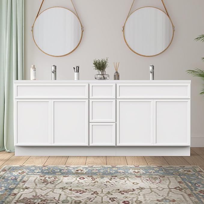 HomeBeyond 78 Inches Bathroom Vanity Base Cabinet Without Sink, Double Sink Top Sturdy Floor Mounted Cabinet with Door & Soft Closing Drawers, White, VA4133-2+VA4112-3