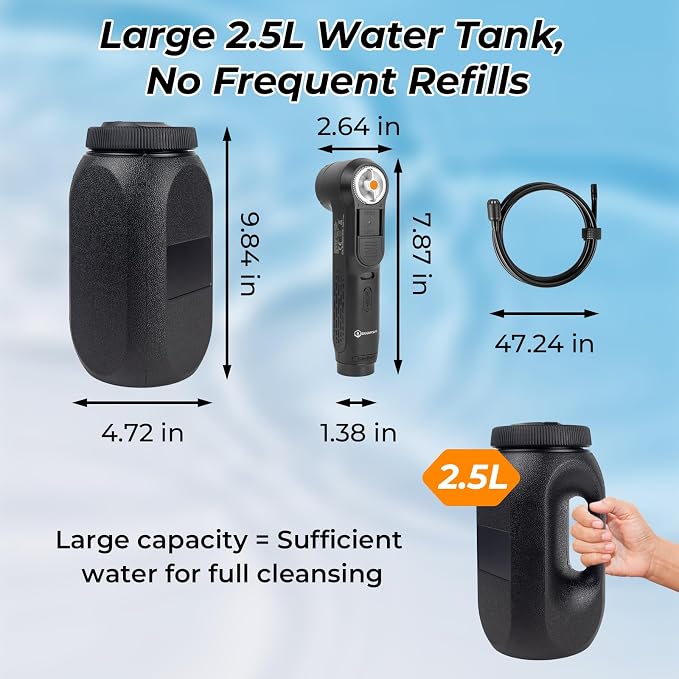 Portable Bidet for Travel, 1600mAh Electric Handheld Bidet with 2.5L Tank | USB-C Rechargeable, Dual Spray Modes (Jet/Shower), Personal Hygiene Sprayer for Home, Camping, Postpartum & Elderly Care