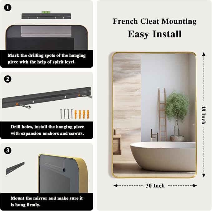 Anpark Gold Metal Deep Frame Mirror - 30" x 48" Rectangular Wall Mounted Vanity Mirror for Bathroom, Bedroom, Living Room & Entryway Decor