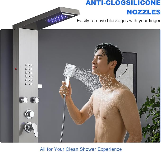 POPFLY Shower Panel, LED Rainfall & Waterfall Shower Head, 5-in-1 Shower System with Body Massage Jets, Handheld Spray, Tub Spout, Stainless Steel Wall Mounted Shower Tower, Brushed Nickel