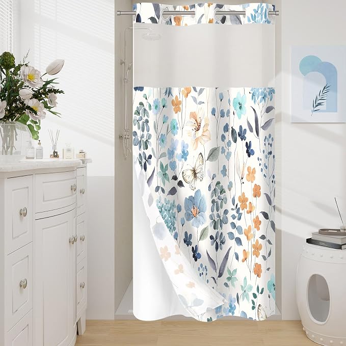 Litabel No Hook Blue Watercolor Floral Shower Curtain and Liner Set, 36x74 | Spring Flower Shower Curtains with Snap-in Liner for Farmhouse Bathroom Decor, Botanical Bathroom Curtain with Leaves