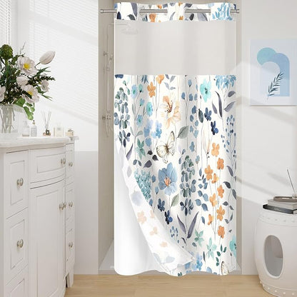 Litabel No Hook Blue Watercolor Floral Shower Curtain and Liner Set, 36x74 | Spring Flower Shower Curtains with Snap-in Liner for Farmhouse Bathroom Decor, Botanical Bathroom Curtain with Leaves