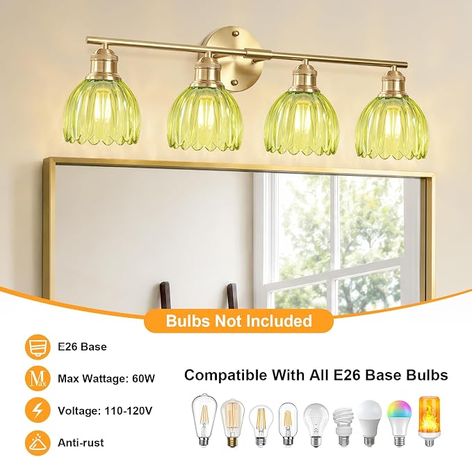 Bathroom Light Fixtures, 4-Light Brushed Gold Vanity Lights for Bathroom with Green Tulip Glass Shade, 26" Vintage Bathroom Vanity Lighting Fixtures Over Mirror for Bedroom Living Room Hallway