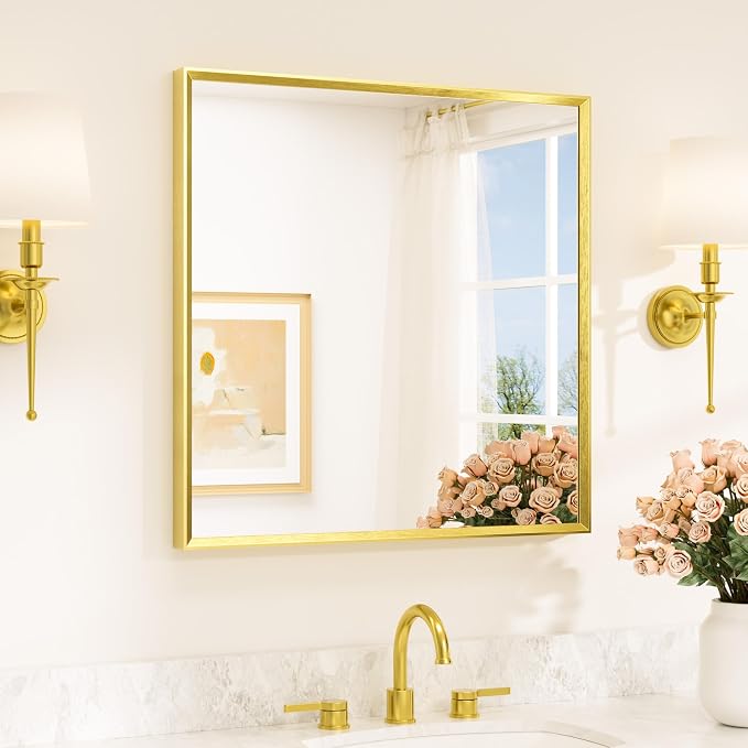Brushed Gold Vanity Mirror for Bathroom 30" x 30" Brushed Brass Rectangle Beveled Framed Bathroom Wall Mirror for Over Sink, Tempered Glass, Modern Farmhouse Bedroom, Entryway, Living Room