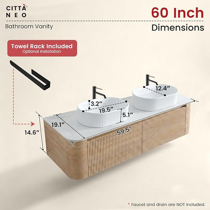 60" Floating Bathroom Vanity with Double White Sink, Honey Oak | Pre-Assembled Fluted Wall Mounted Vanity with Sintered Stone Countertop, Rounded Edges, Soft-Close Drawers & Towel Rack