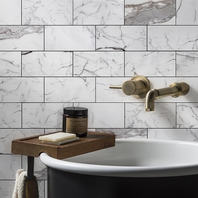 Vamos Tile 4-Piece Glossy Statury White Peel and Stick Backsplash Tile | 3''x6'' PVC Subway Tile with Dark Gray Grout, Stick on Backsplash for Kitchen/Bathroom/Fireplace/Laundry/Camper