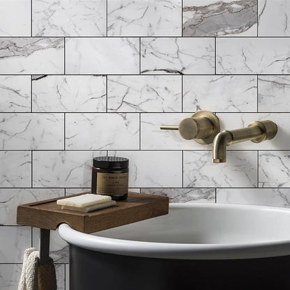 Vamos Tile 4-Piece Glossy Statury White Peel and Stick Backsplash Tile | 3''x6'' PVC Subway Tile with Dark Gray Grout, Stick on Backsplash for Kitchen/Bathroom/Fireplace/Laundry/Camper