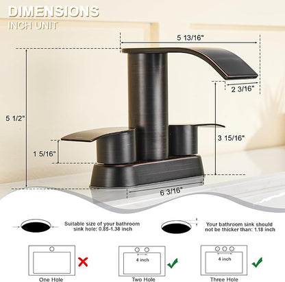 Ultimate Unicorn Bathroom Faucet for Sink Oil Rubbed Bronze, 4 Inch Bathroom Sink Faucet for 3 Hole or 2 Hole, 2 Handle Waterfall Faucets with Pop up Drain, Centerset Faucets for RV Counter