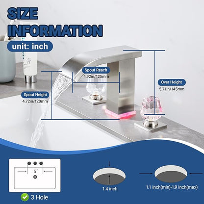 Bathroom Faucet 3 Hole Widespread with LED Temperature Display & Waterfall Spout, Brushed Nickel Modern Vanity Faucet for Bathroom Sink, 8 Inch Touch On 2 Handle Crystal