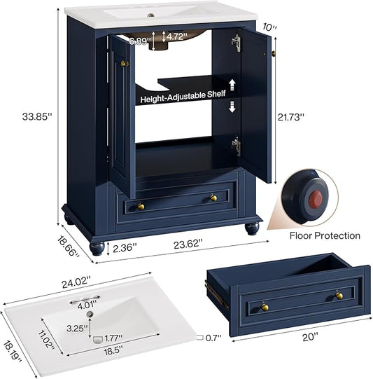 Tribesigns 24" Bathroom Vanity with Ceramic Sink Combo, Freestanding Bathroom Storage Vanity Cabinet with 2 Doors & 1 Drawer, Solid Wooden Frame & Coated Surface, Metal Handle, Navy Blue