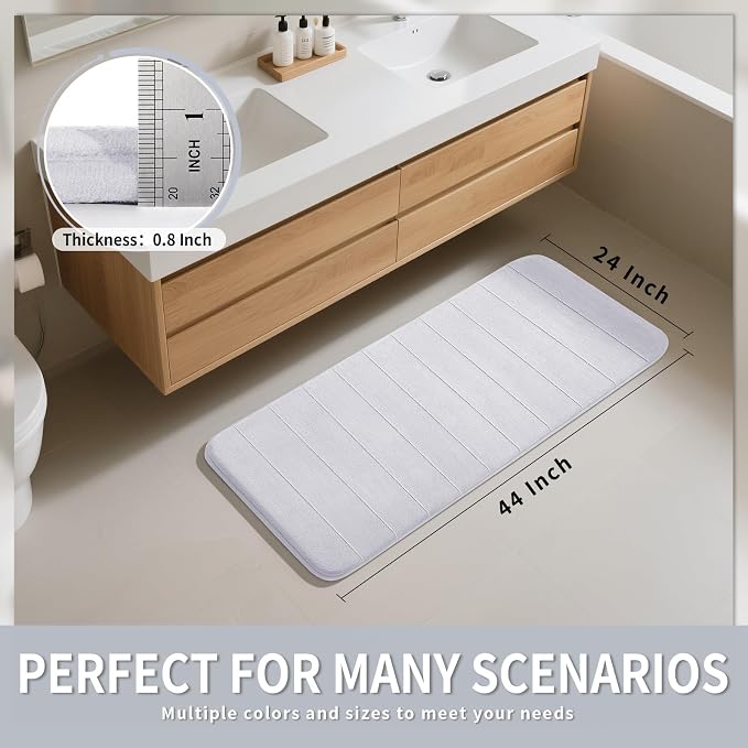Yimobra Long Bath Mat 44"x24", Super Soft Quick Dry Memory Foam Bathroom Rug, Water Absorbent, Non Slip Backing Machine Washable for Tub Shower, Thick Comfort Support, White
