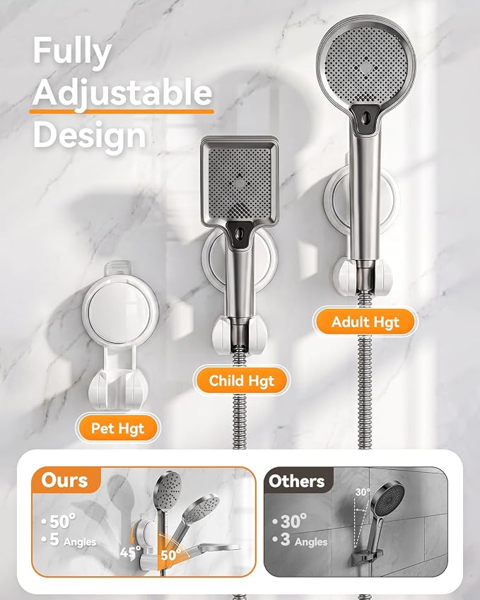 JOTPE Adjustable Shower Head Holder with Suction Cup Wall Mount, White | Fits most handheld shower heads. Adjustable, reusable suction cup mounts without drilling on smooth, non-porous surfaces